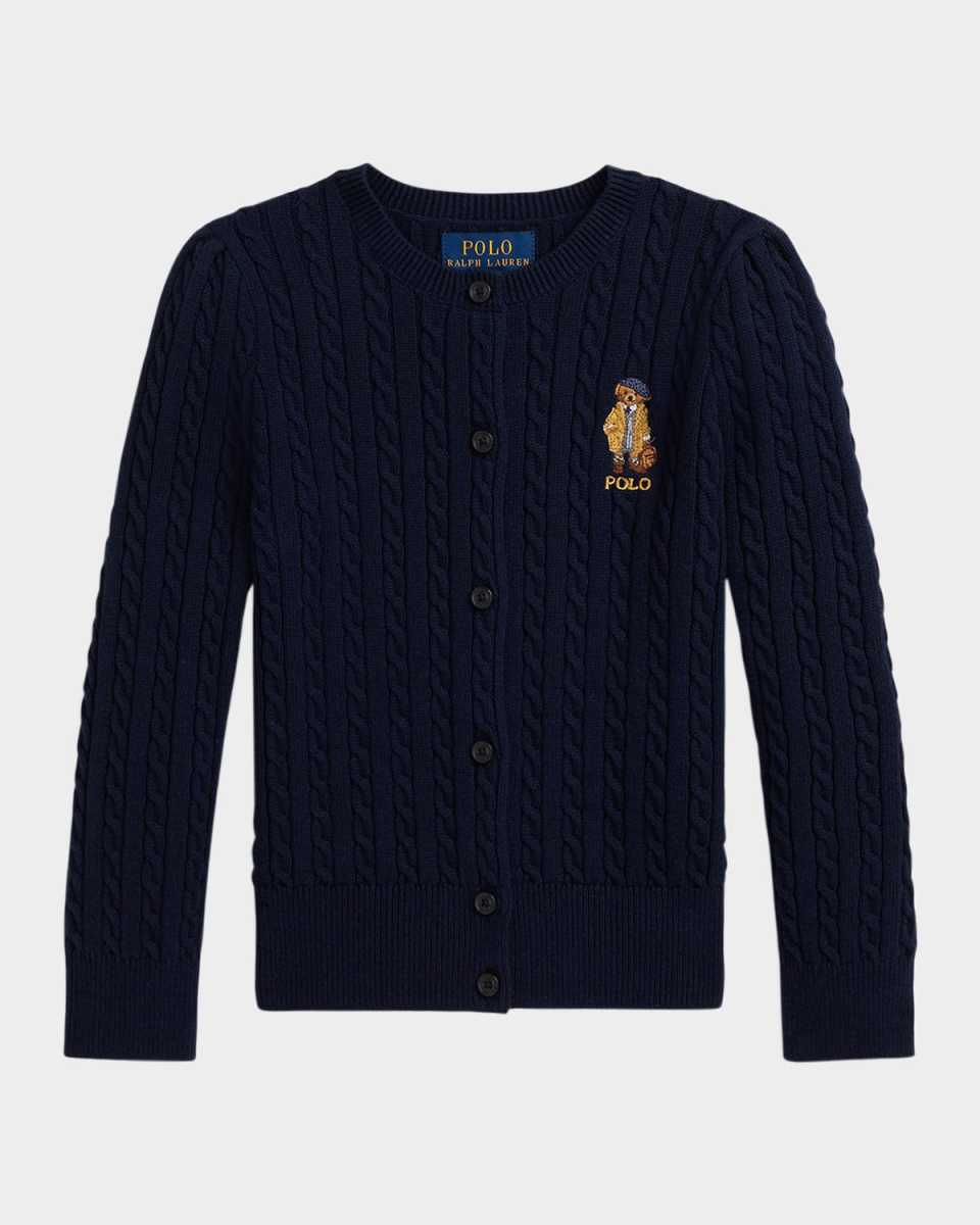 Girl's Polo Bear Mini Cable-Knit Sweater Cardigan, Size 2-